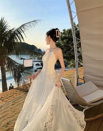 Open Plain Back Spaghetti Sundress Lace Maxi Panel Strap