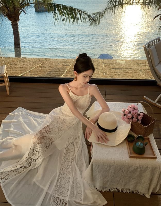 Open Plain Back Spaghetti Sundress Lace Maxi Panel Strap