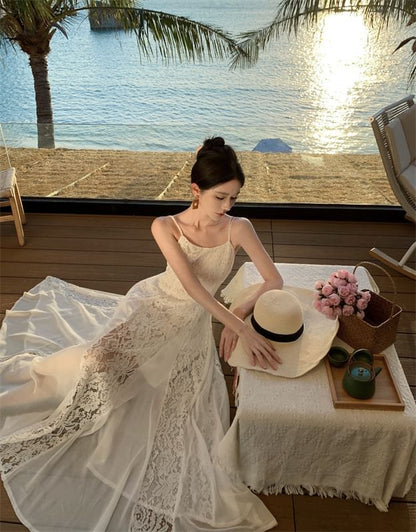 Open Plain Back Spaghetti Sundress Lace Maxi Panel Strap