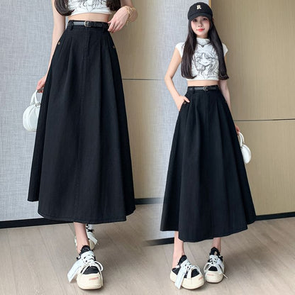 High Waist Plain Pleated Midi A-Line Denim Skirt