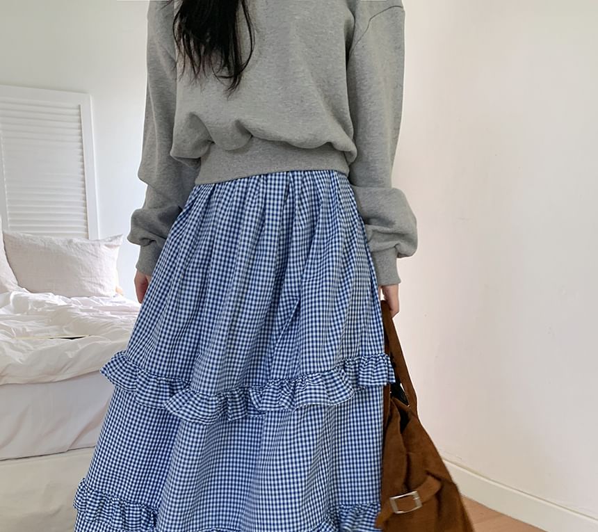 High Waist Plaid Maxi Tiered Skirt