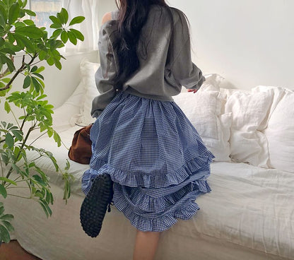 High Waist Plaid Maxi Tiered Skirt