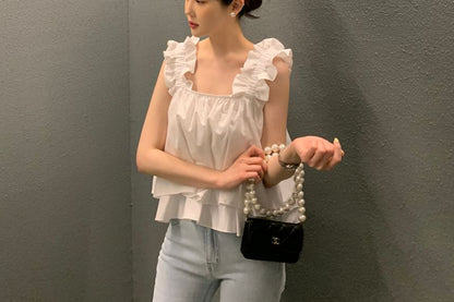 Sleeveless Square Neck Ruffle Plain Flowy Top