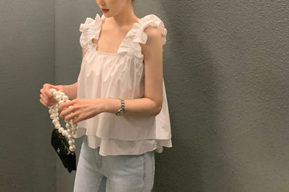 Sleeveless Square Neck Ruffle Plain Flowy Top