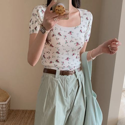 Short-Sleeve Square Neck Floral Tee