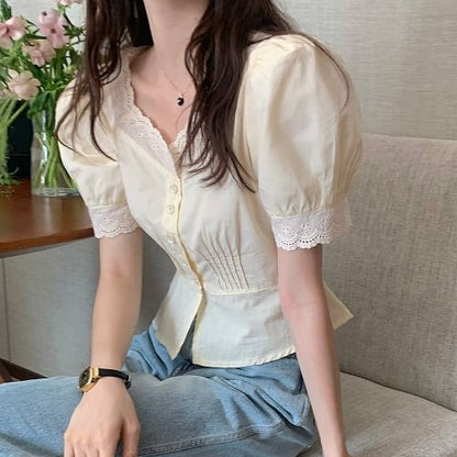 Puff-Sleeve Plain Lace Trim Blouse