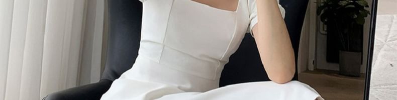 Square Dress Neck Mini Sleeve Plain A-Line Puff