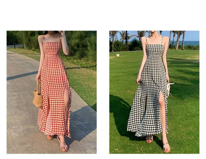 Dress Slit Maxi A-Line Houndstooth Spaghetti Strap