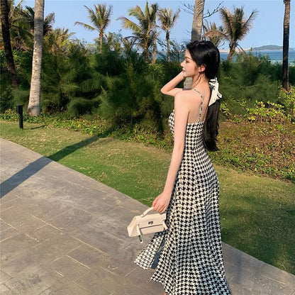 Dress Slit Maxi A-Line Houndstooth Spaghetti Strap