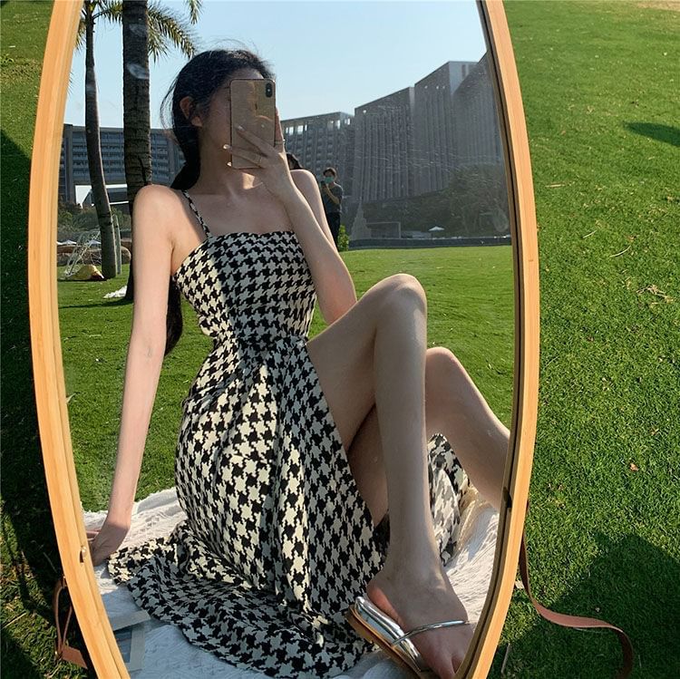 Dress Slit Maxi A-Line Houndstooth Spaghetti Strap