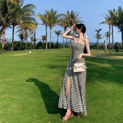 Dress Slit Maxi A-Line Houndstooth Spaghetti Strap