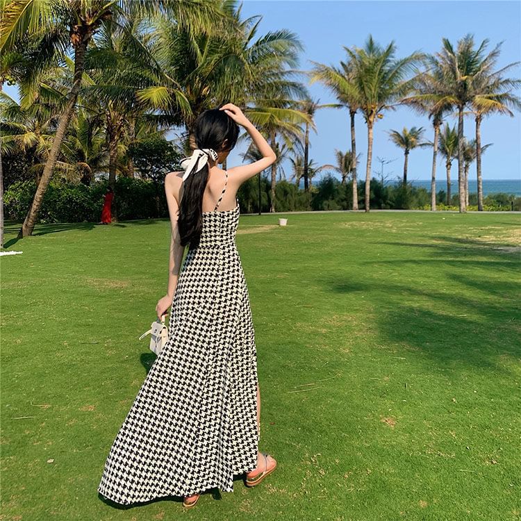 Dress Slit Maxi A-Line Houndstooth Spaghetti Strap