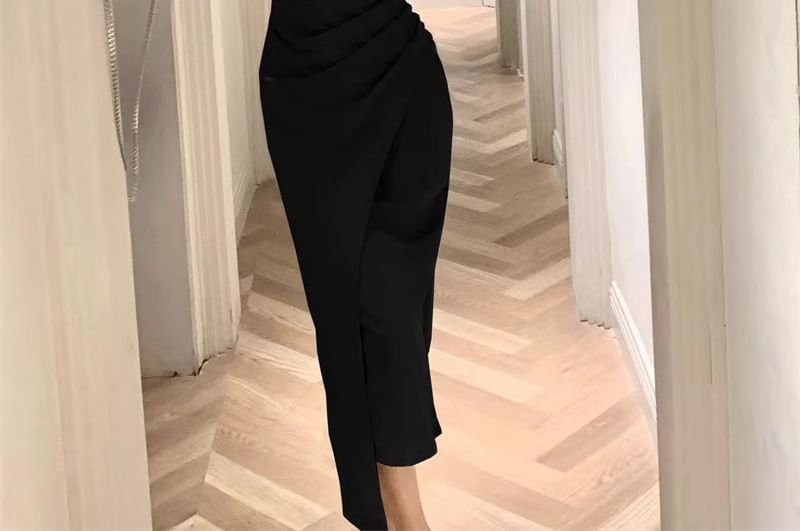 Ruched Sheath Sleeveless Square Plain Neck Midi Dress