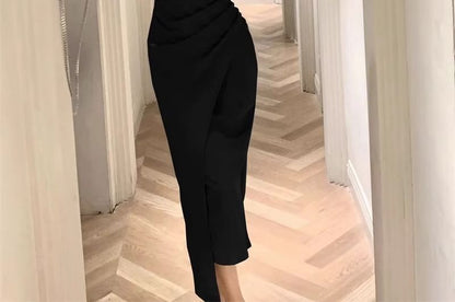 Ruched Sheath Sleeveless Square Plain Neck Midi Dress