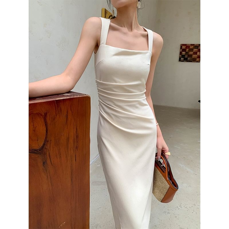 Ruched Sheath Sleeveless Square Plain Neck Midi Dress