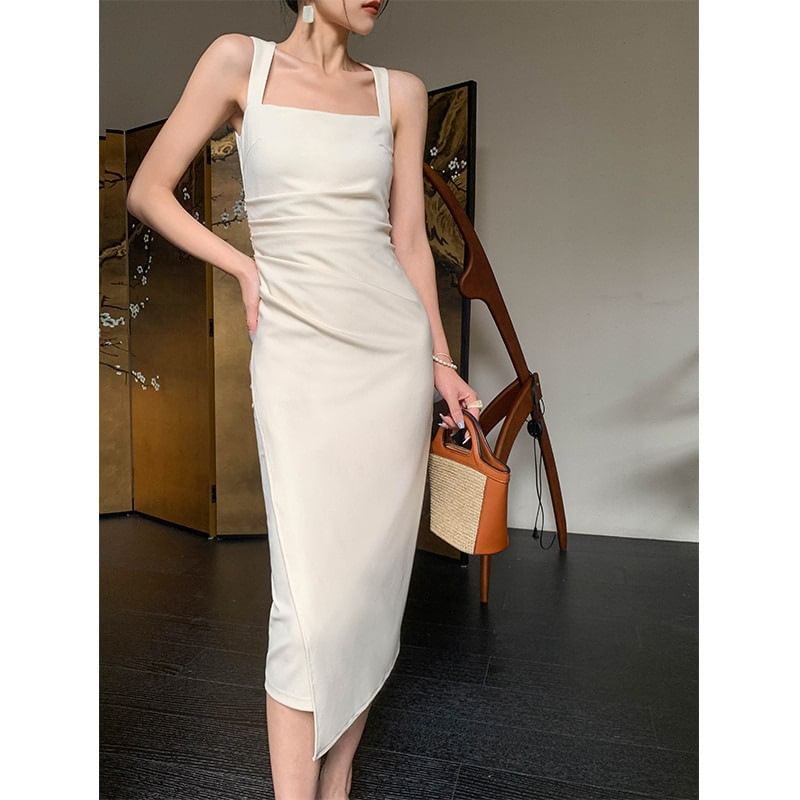 Ruched Sheath Sleeveless Square Plain Neck Midi Dress