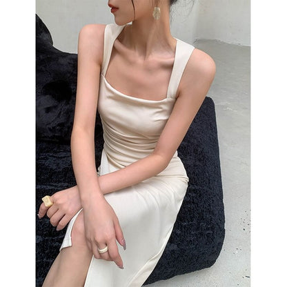 Ruched Sheath Sleeveless Square Plain Neck Midi Dress