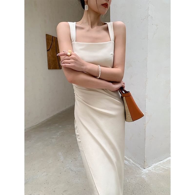 Ruched Sheath Sleeveless Square Plain Neck Midi Dress
