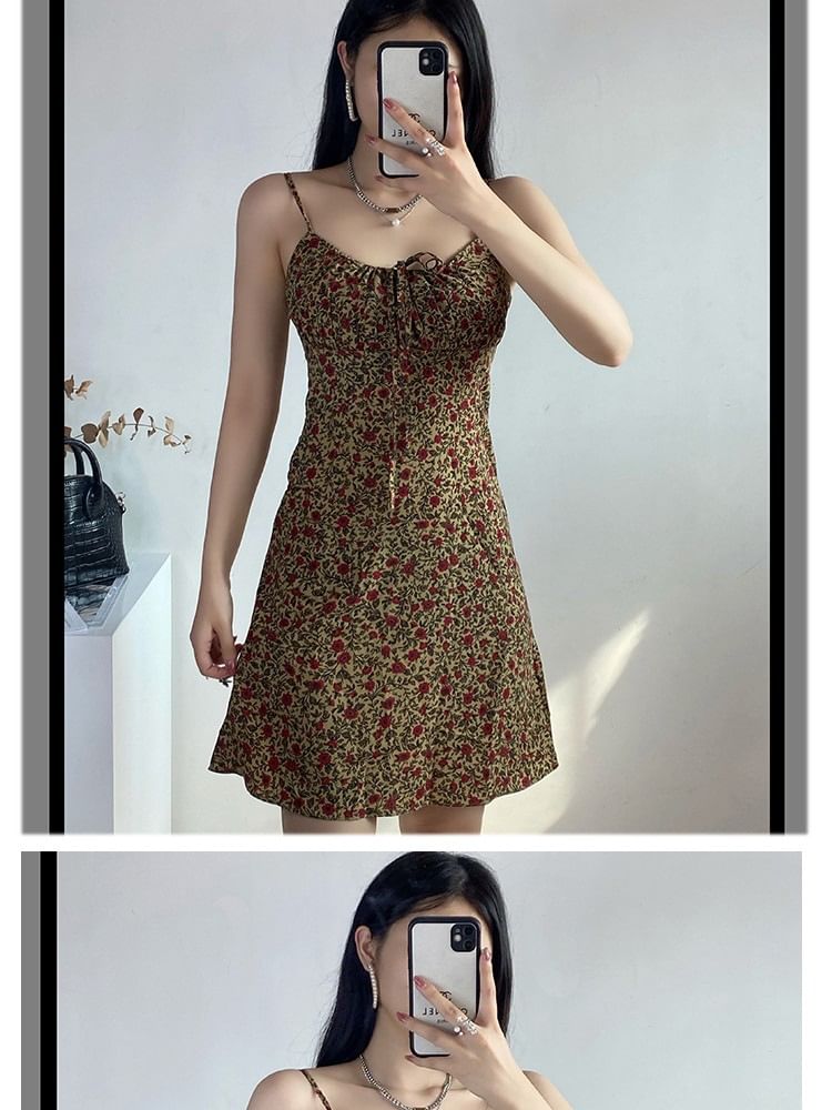 A-Line Tie Mini Print Front Strap Floral Spaghetti Dress