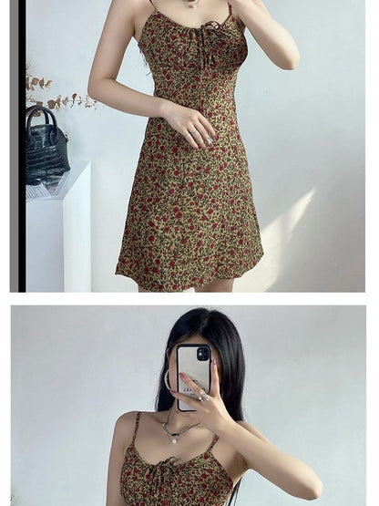 A-Line Tie Mini Print Front Strap Floral Spaghetti Dress