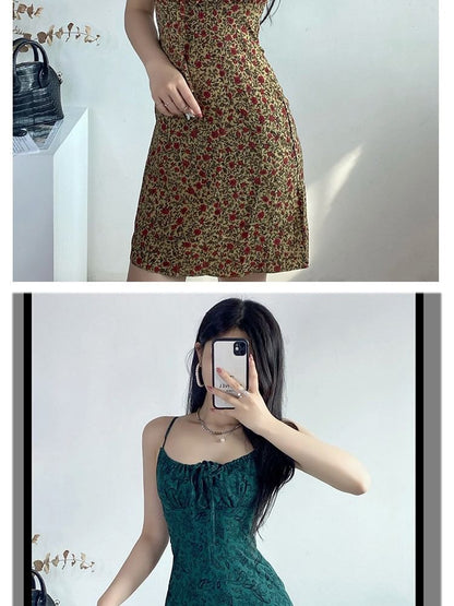 A-Line Tie Mini Print Front Strap Floral Spaghetti Dress