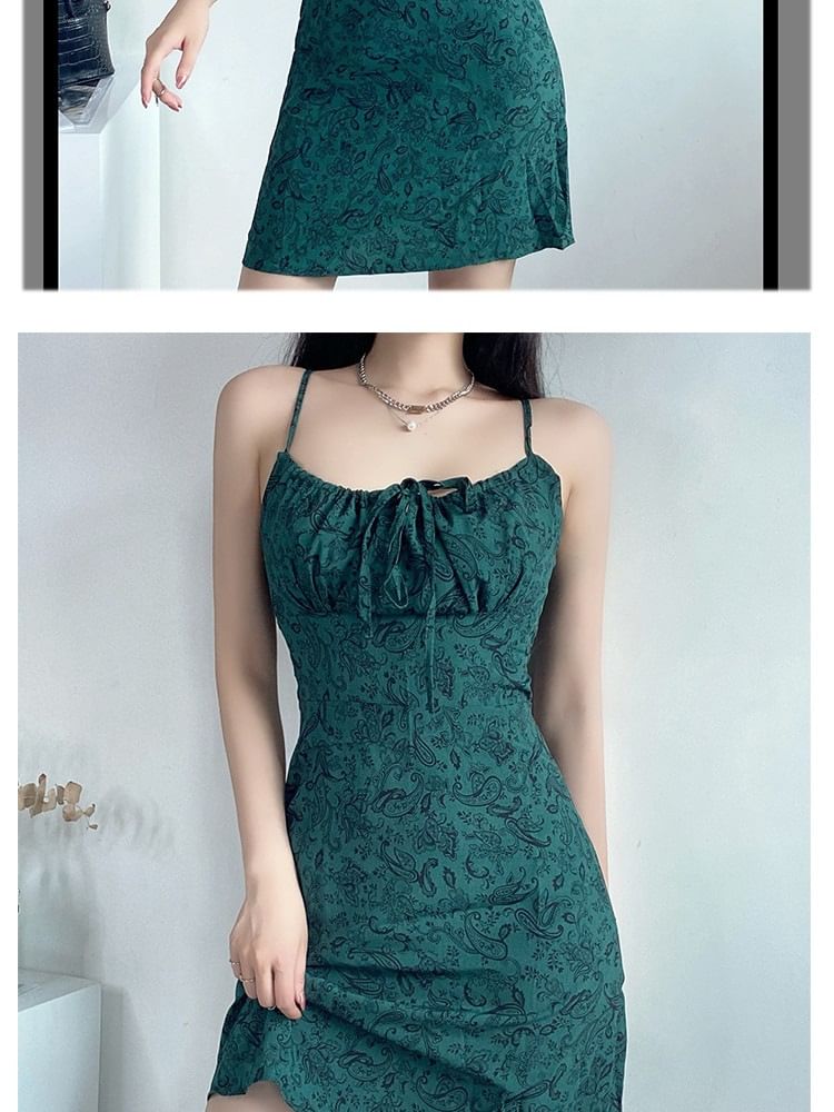 A-Line Tie Mini Print Front Strap Floral Spaghetti Dress