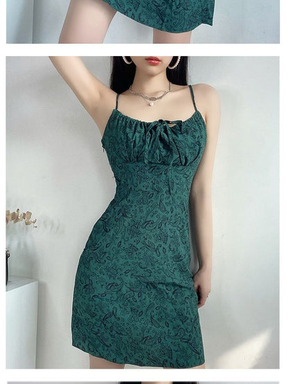 A-Line Tie Mini Print Front Strap Floral Spaghetti Dress
