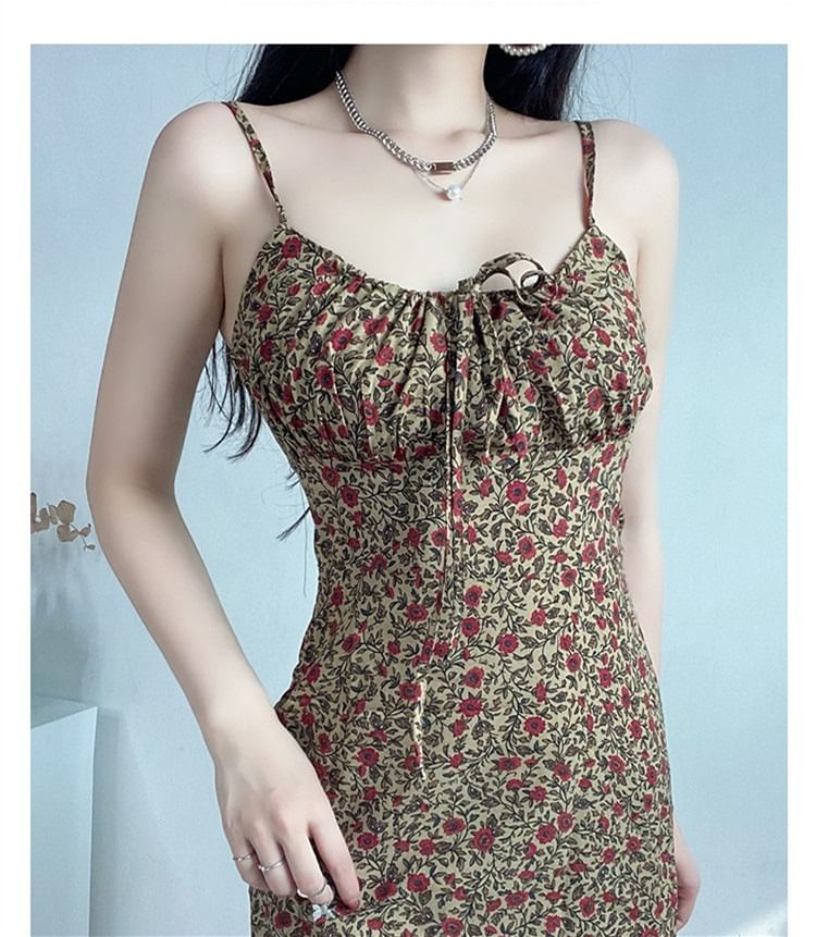 A-Line Tie Mini Print Front Strap Floral Spaghetti Dress