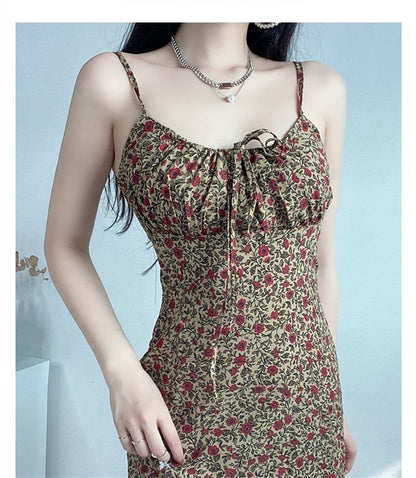 A-Line Tie Mini Print Front Strap Floral Spaghetti Dress