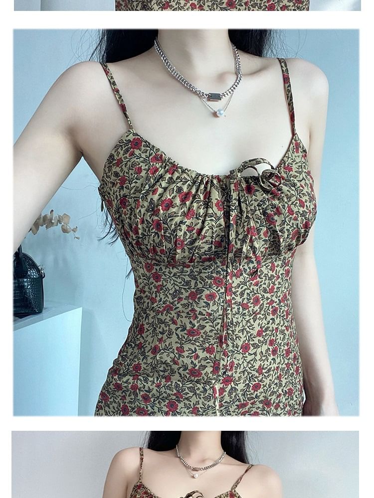 A-Line Tie Mini Print Front Strap Floral Spaghetti Dress