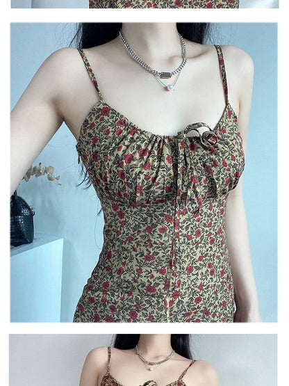 A-Line Tie Mini Print Front Strap Floral Spaghetti Dress
