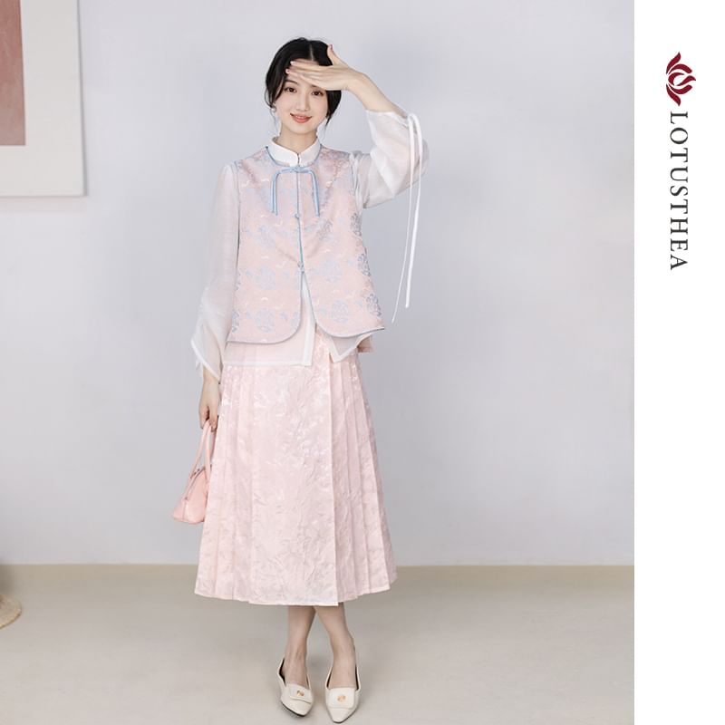 Puff-Sleeve Plain Blouse / Frog Buttoned Hanfu Vest / High Waist Mini Pleated A-Line Skirt