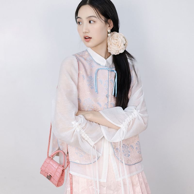 Puff-Sleeve Plain Blouse / Frog Buttoned Hanfu Vest / High Waist Mini Pleated A-Line Skirt