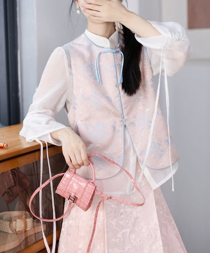 Puff-Sleeve Plain Blouse / Frog Buttoned Hanfu Vest / High Waist Mini Pleated A-Line Skirt