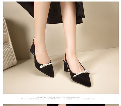 Beaded Slingback Sandals Heel Block Pointed