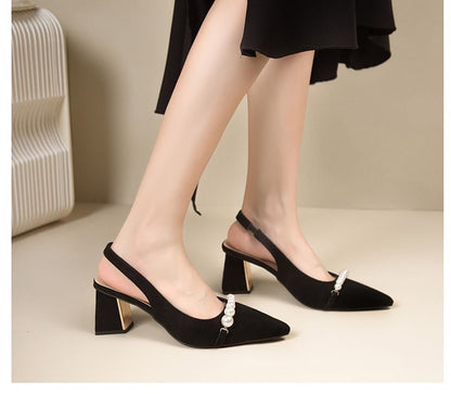 Beaded Slingback Sandals Heel Block Pointed