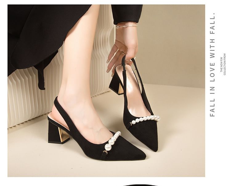 Beaded Slingback Sandals Heel Block Pointed