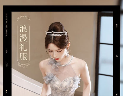 Evening Pearl Floral Faux Neck A-Line Gown Sleeveless Round Patterned Mesh