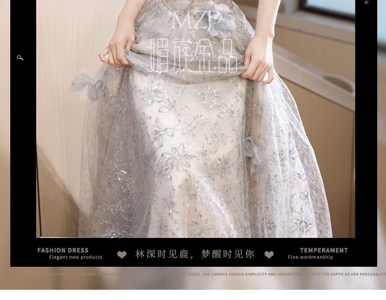 Evening Pearl Floral Faux Neck A-Line Gown Sleeveless Round Patterned Mesh