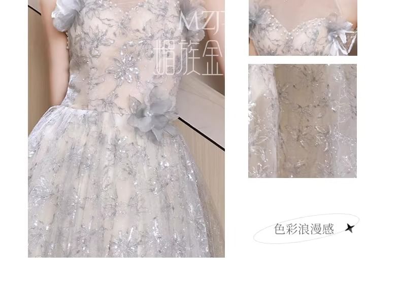 Evening Pearl Floral Faux Neck A-Line Gown Sleeveless Round Patterned Mesh