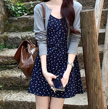 Dress Strap Cardigan Mini A-Line / Floral Spaghetti Melange Crop