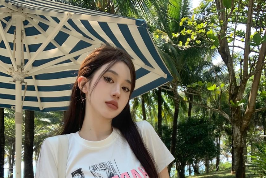 Neck Fit Slim T-Shirt Crop Round Cartoon Print Short-Sleeve