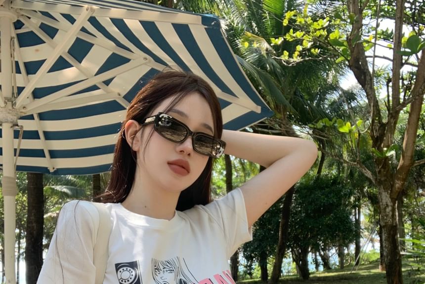 Neck Fit Slim T-Shirt Crop Round Cartoon Print Short-Sleeve