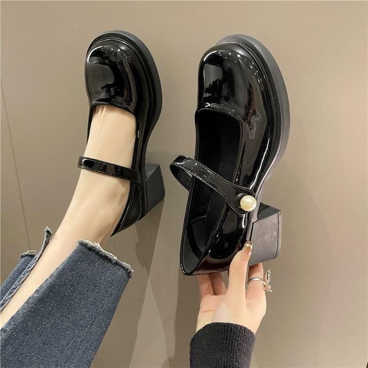 Pearl Mary Shoes Heel Jane Block Patent Faux