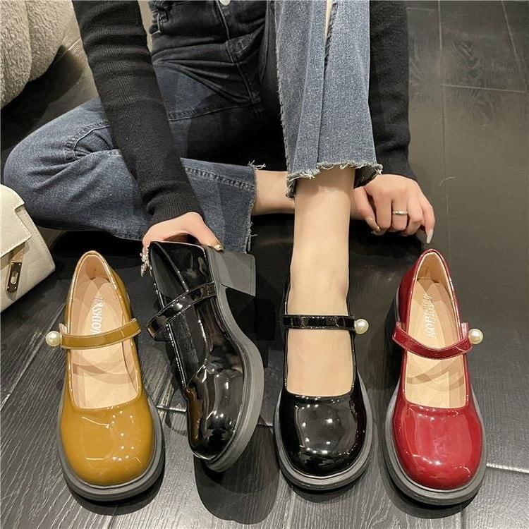 Pearl Mary Shoes Heel Jane Block Patent Faux