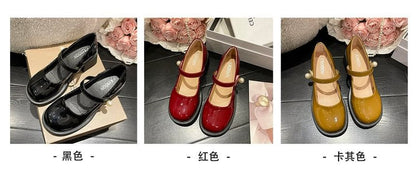 Pearl Mary Shoes Heel Jane Block Patent Faux