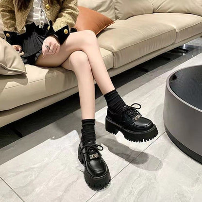 Platform Buckled Patent Leather Lace Up Shoes