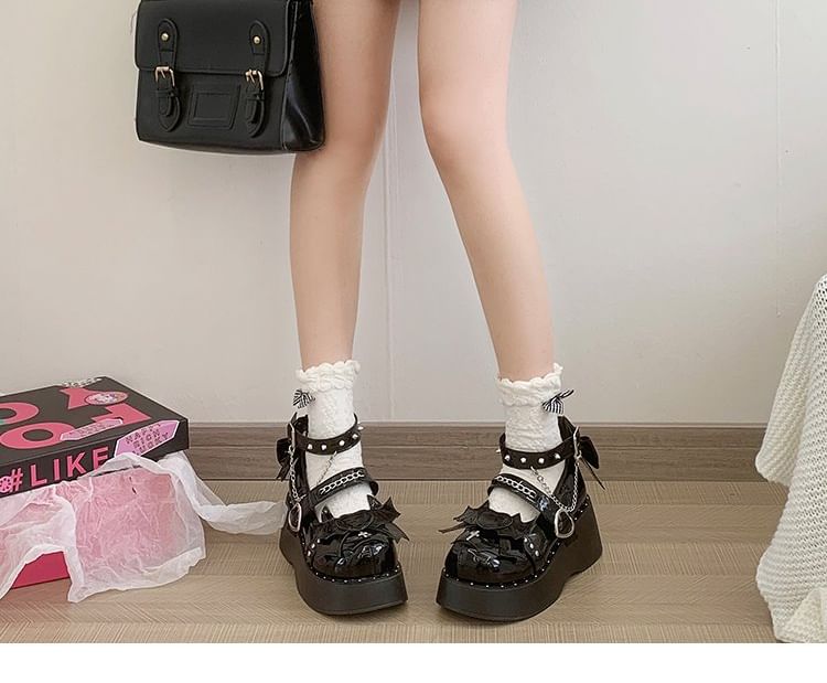 Platform Heart Bow Studded Ankle Strap Patent Leather Mary Jane Shoes