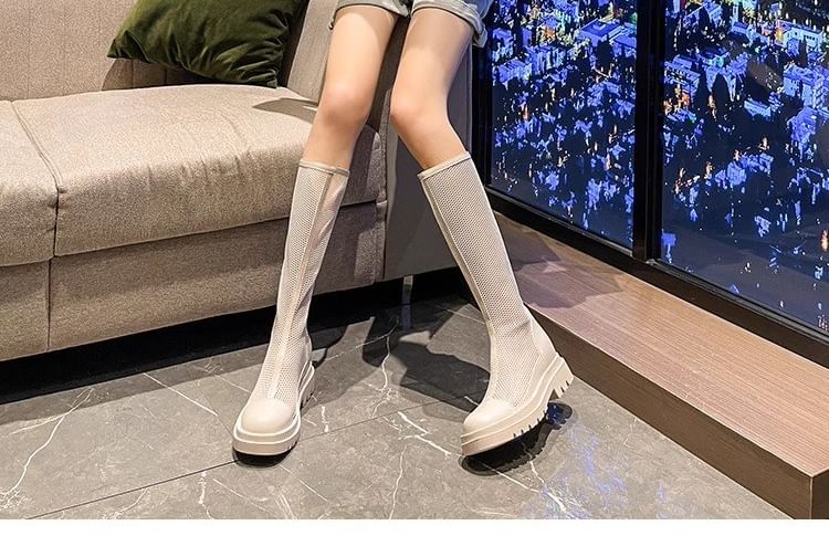 Platform Panel Mesh Knee High Boots