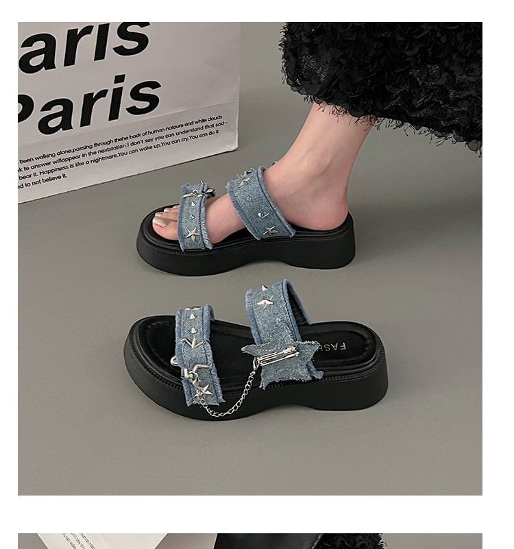 Platform Star Buckled Denim Slide Sandals